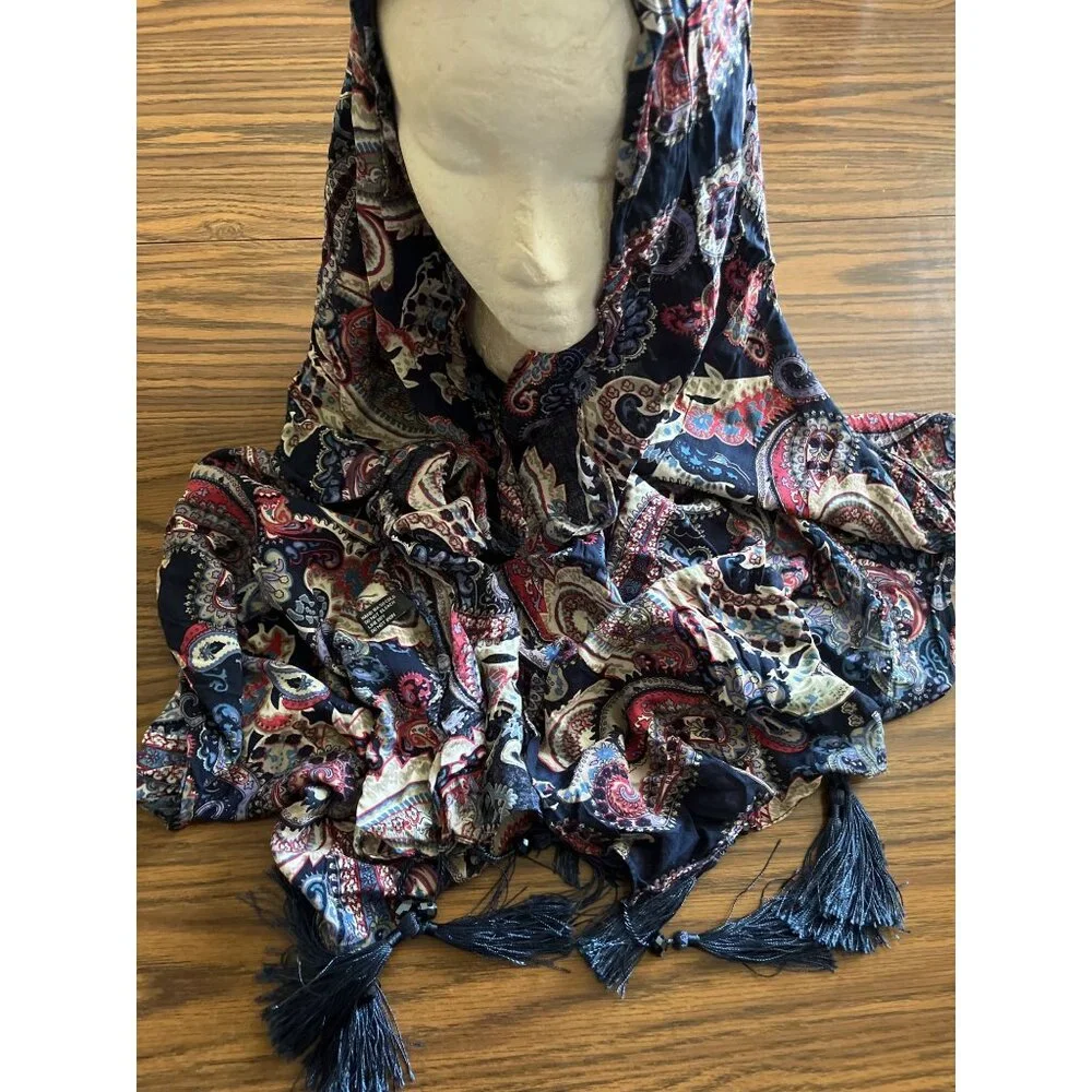 Blue pink white paisley scarf with tassels